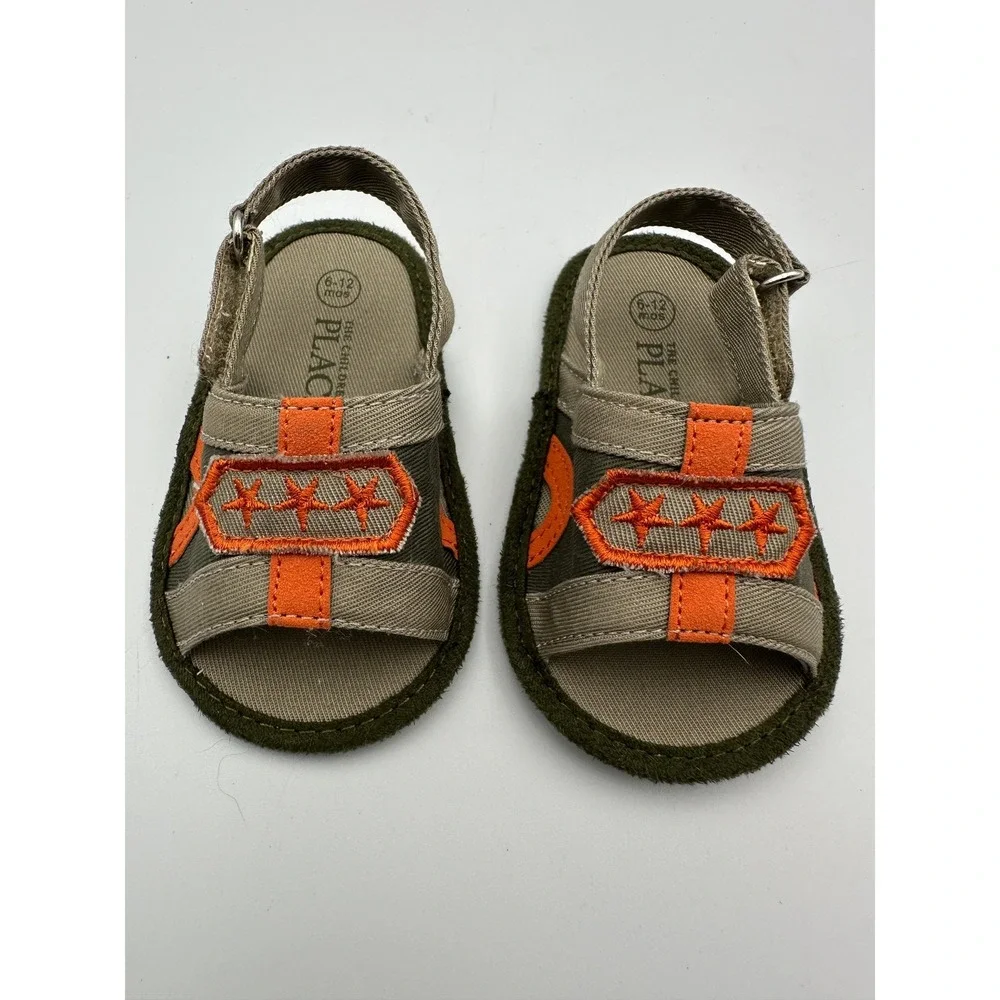 The Childrens Place Sandals Kids 6-12M Green Orange Star Embroidered Soft Sole